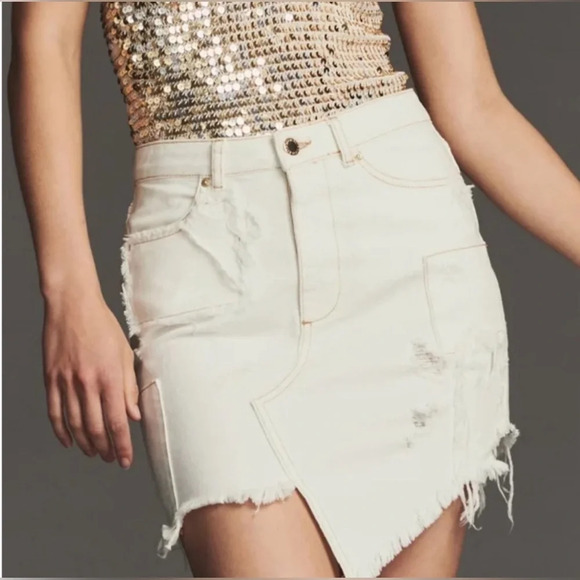 Retrofete Irene Denim Mini Skirt Patchwork White Acid Wash Asymmetrical Hem XS - Picture 1 of 8